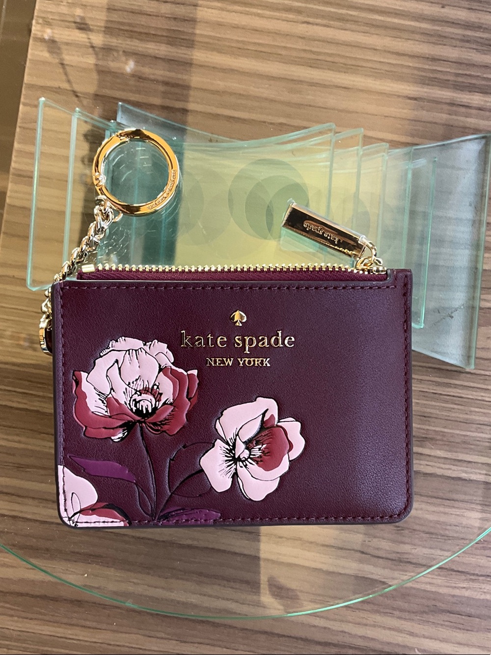 Kate Spade  Burgundy Floral Zip Card Case Wallet